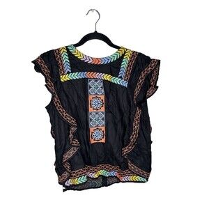 Ban Jara Top Womens Medium Black B2176-GRAPH Embroidered Boho India Tassel Rayon